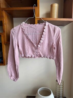 Cotton Floral Lace-Trim Cropped Wrap Top - Run With Me Cardi (Lilac | XS)
